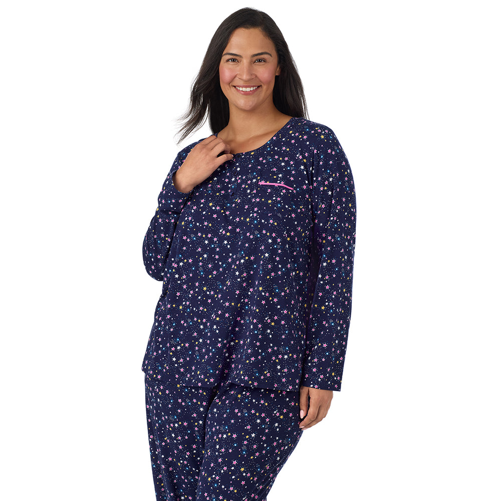A lady wearing Cotton-Blend Short Sleeve Sleep Shirt PLUS in Navy Star Print closer look