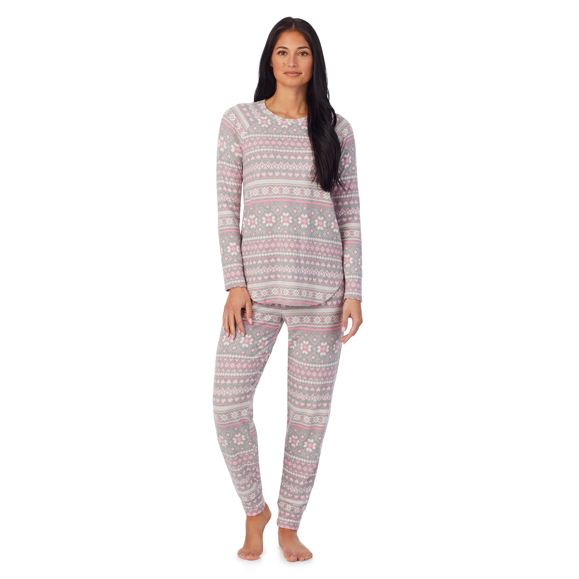 A lady wearing Brushed Sweater Knit Long Sleeve Pajama Set with animal print bottom and pink top