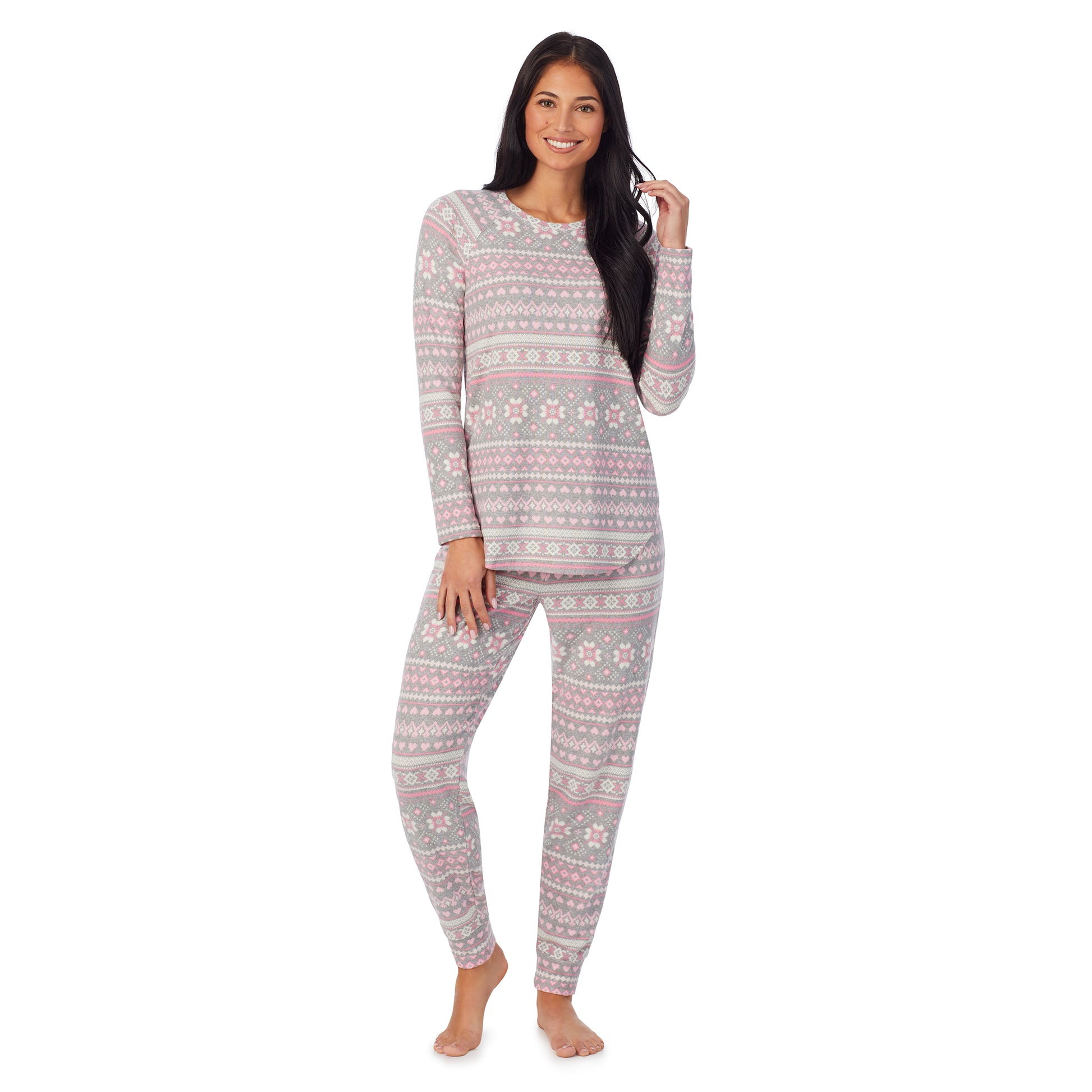 A lady wearing Brushed Sweater Knit Long Sleeve Pajama Set with animal print bottom and pink top