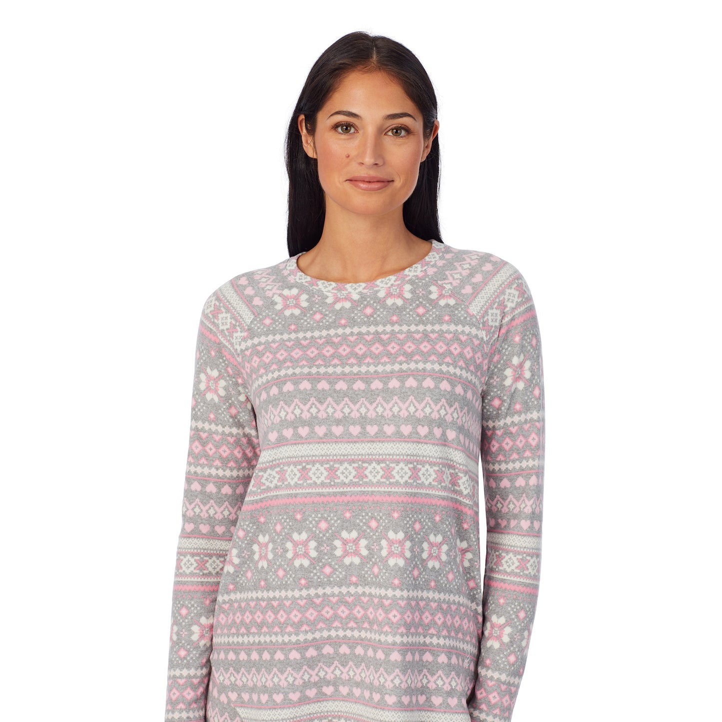 Grey Pink Fairisle;Model is wearing size S. She is 5'8.5", Bust 32", Waist 25", Hips 36". @A lady wearing Brushed Sweater Knit Long Sleeve Pajama Set with animal print bottom and pink top