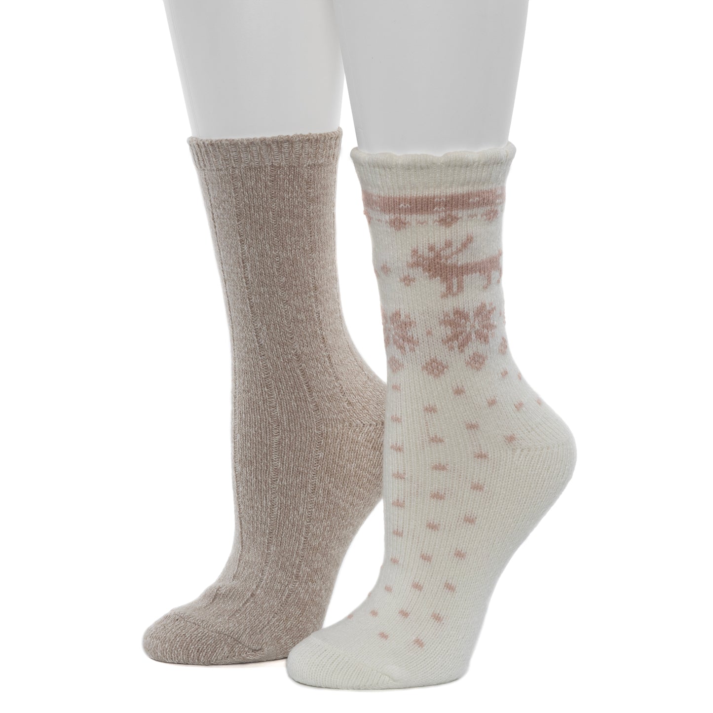 Egret Sepia Rose; @Scallop Edge Snowflake Reindeer Crew Sock 2-Pack