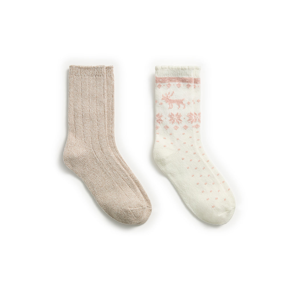 Egret Sepia Rose; @Scallop Edge Snowflake Reindeer Crew Sock 2-Pack