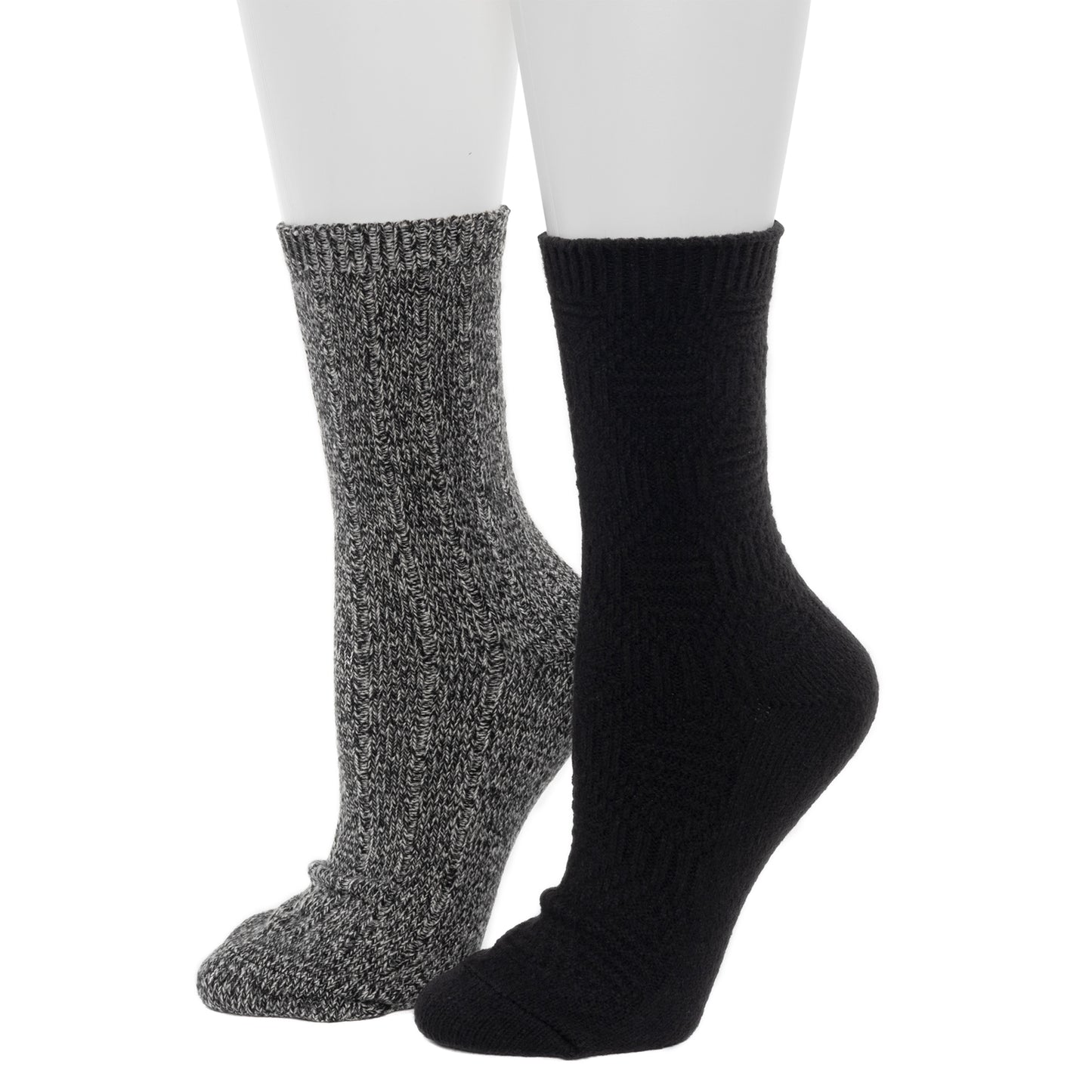 Black; @Lace Diamond Texture/Wide Rib Crew Sock 2-Pack