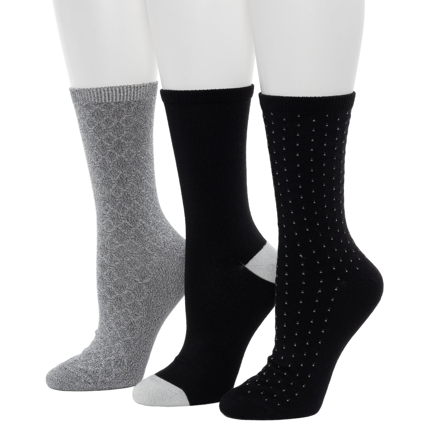 Black; @Birdseye/Twist Block Quilting Texture Midweight Crew Sock 3-Pack