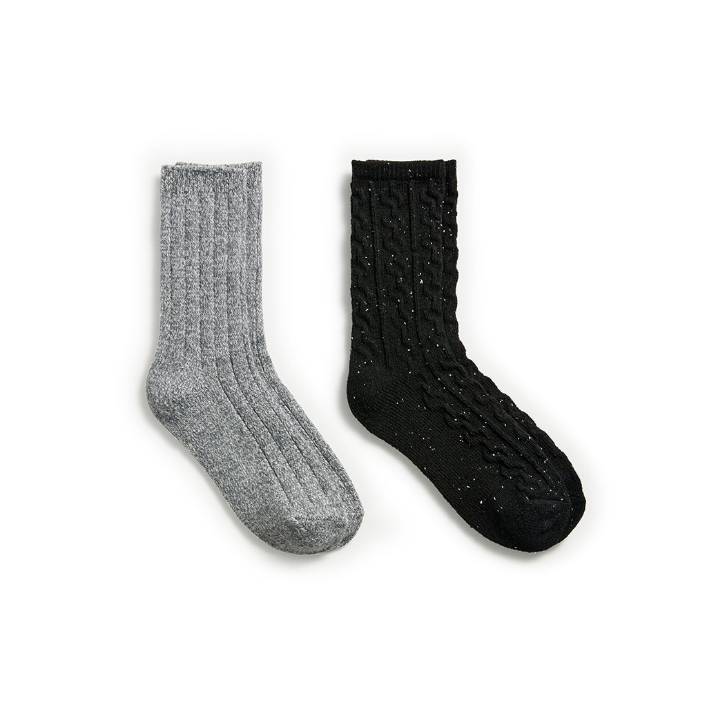 Black; @Flecked Pucker Chain Cable/Solid Rib Crew Sock 2-Pack