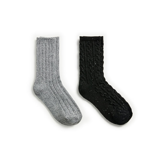 Flecked Pucker Chain Cable/Solid Rib Crew Sock 2-Pack