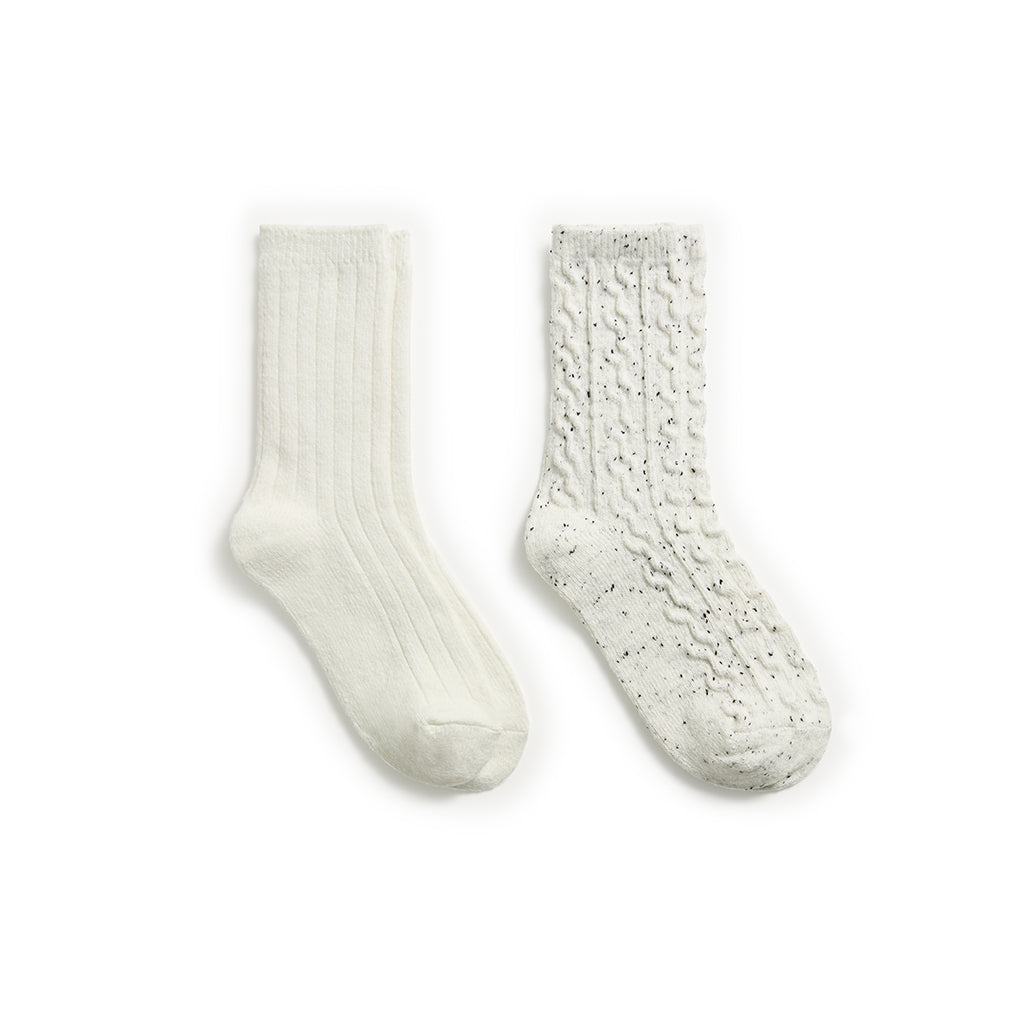 Egret; @Flecked Pucker Chain Cable/Solid Rib Crew Sock 2-Pack