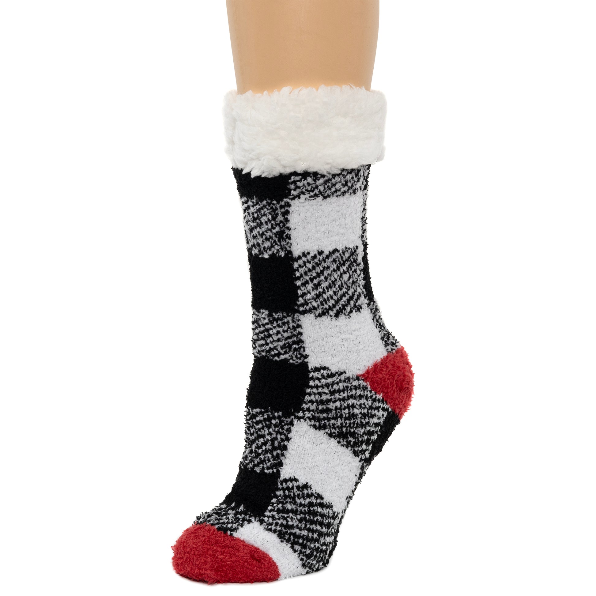 Buffalo Check Pop Heel-Toe Faux Shearling Lined Lounge Crew Sock