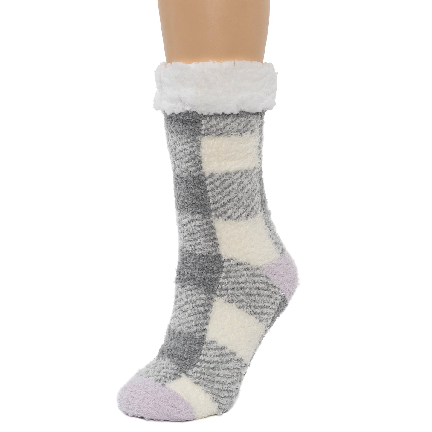 Griffin Gray; @Buffalo Check Pop Heel-Toe Faux Shearling Lined Lounge Crew Sock