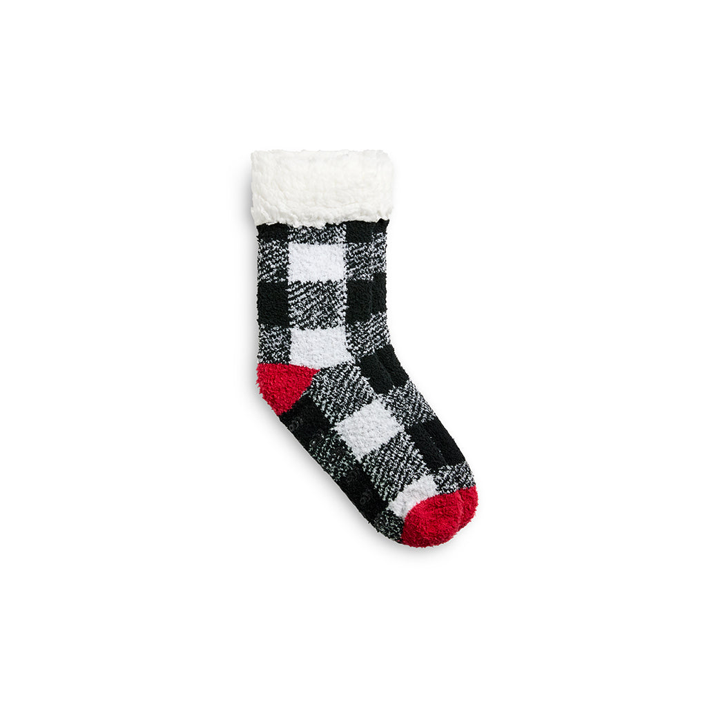 Buffalo Check Pop Heel-Toe Faux Shearling Lined Lounge Crew Sock