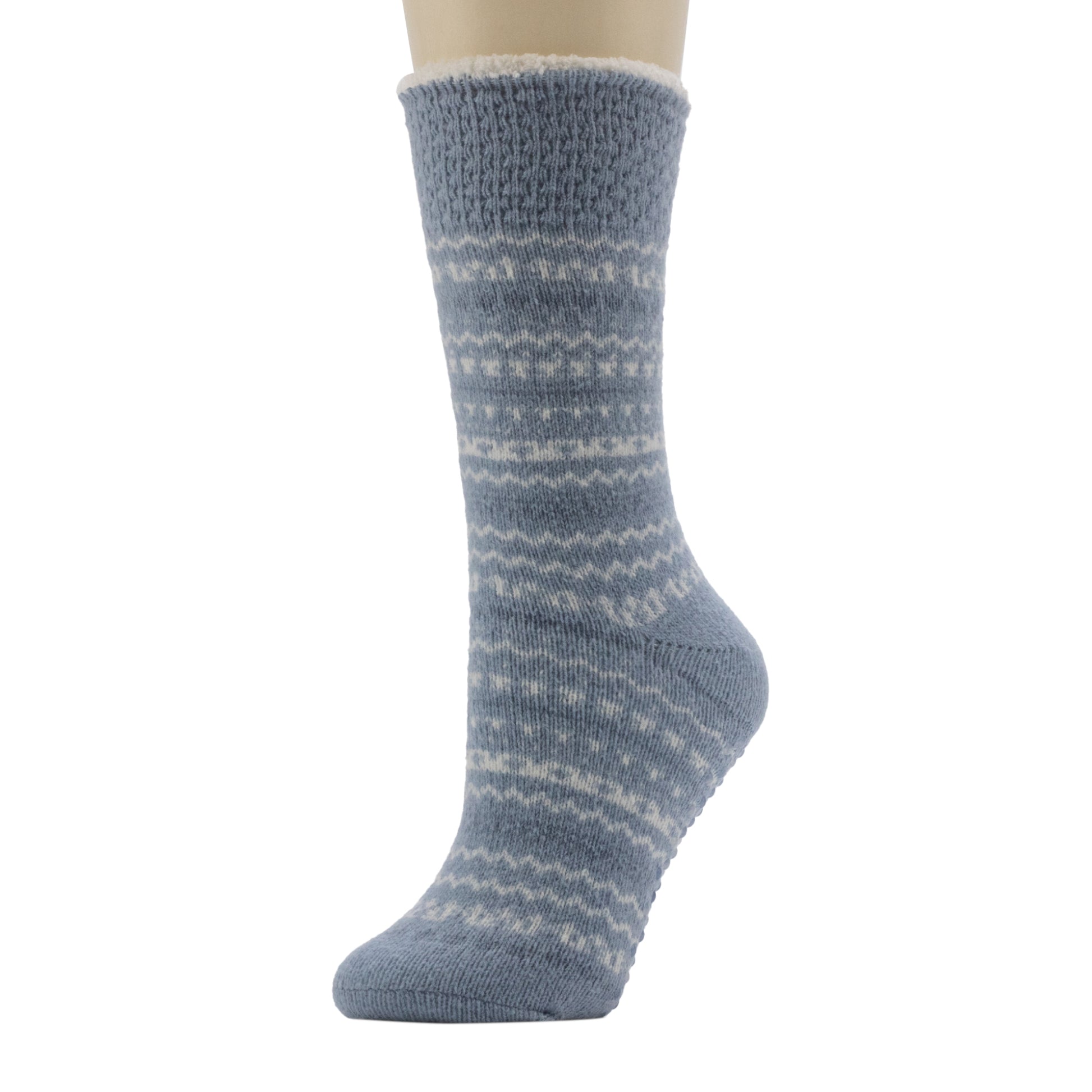 A mannequin wearing Fairisle Popcorn Cozy Lined Lounge Sock