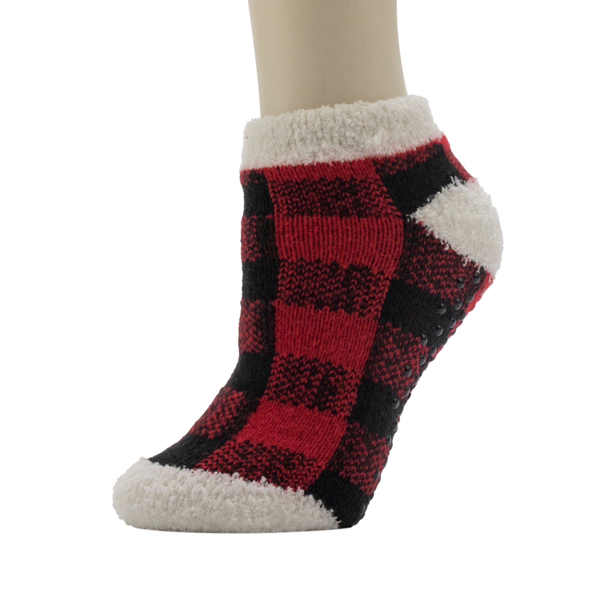 A mannequin wearing Buffalo Plaid Cozy Lined Low Cut Slipper Sock