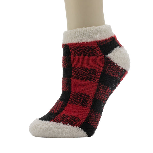 A mannequin wearing Buffalo Plaid Cozy Lined Low Cut Slipper Sock
