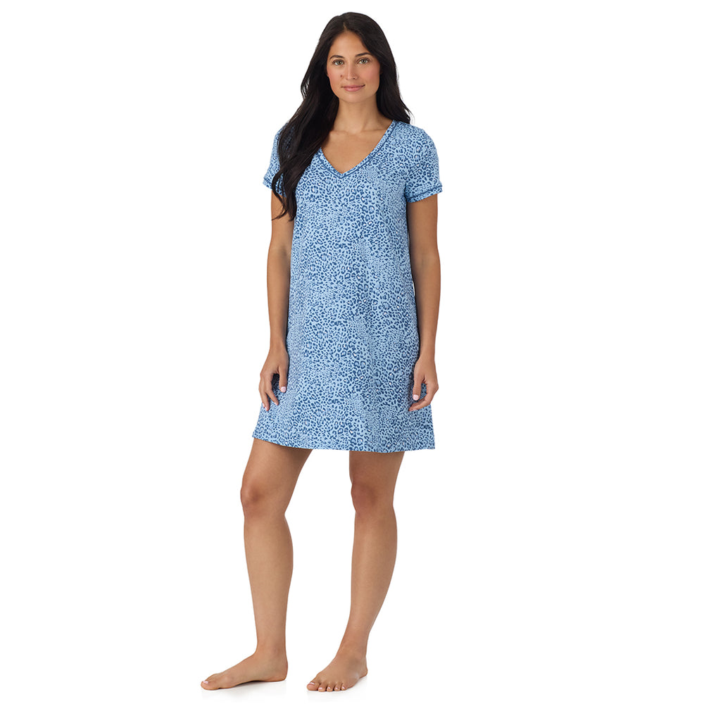 A lady wearing Cotton-Blend Short Sleeve Sleep Shirt in Blue animal looking front