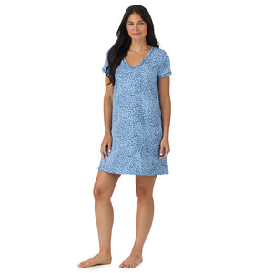 A lady wearing Cotton-Blend Short Sleeve Sleep Shirt in Blue animal looking front