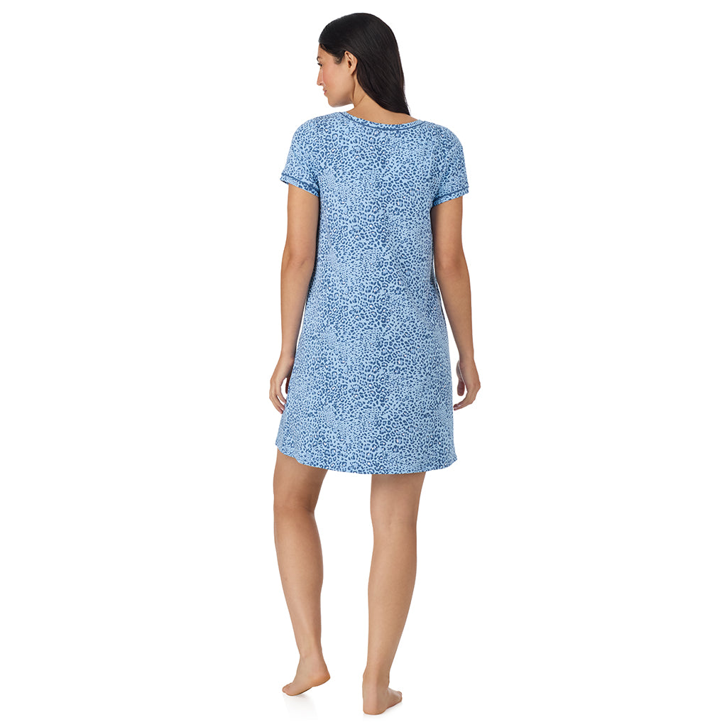 A lady wearing Cotton-Blend Short Sleeve Sleep Shirt Blue Animal back view