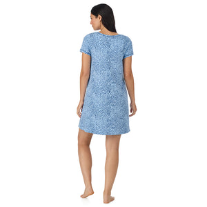 A lady wearing Cotton-Blend Short Sleeve Sleep Shirt in Blue animal back view
