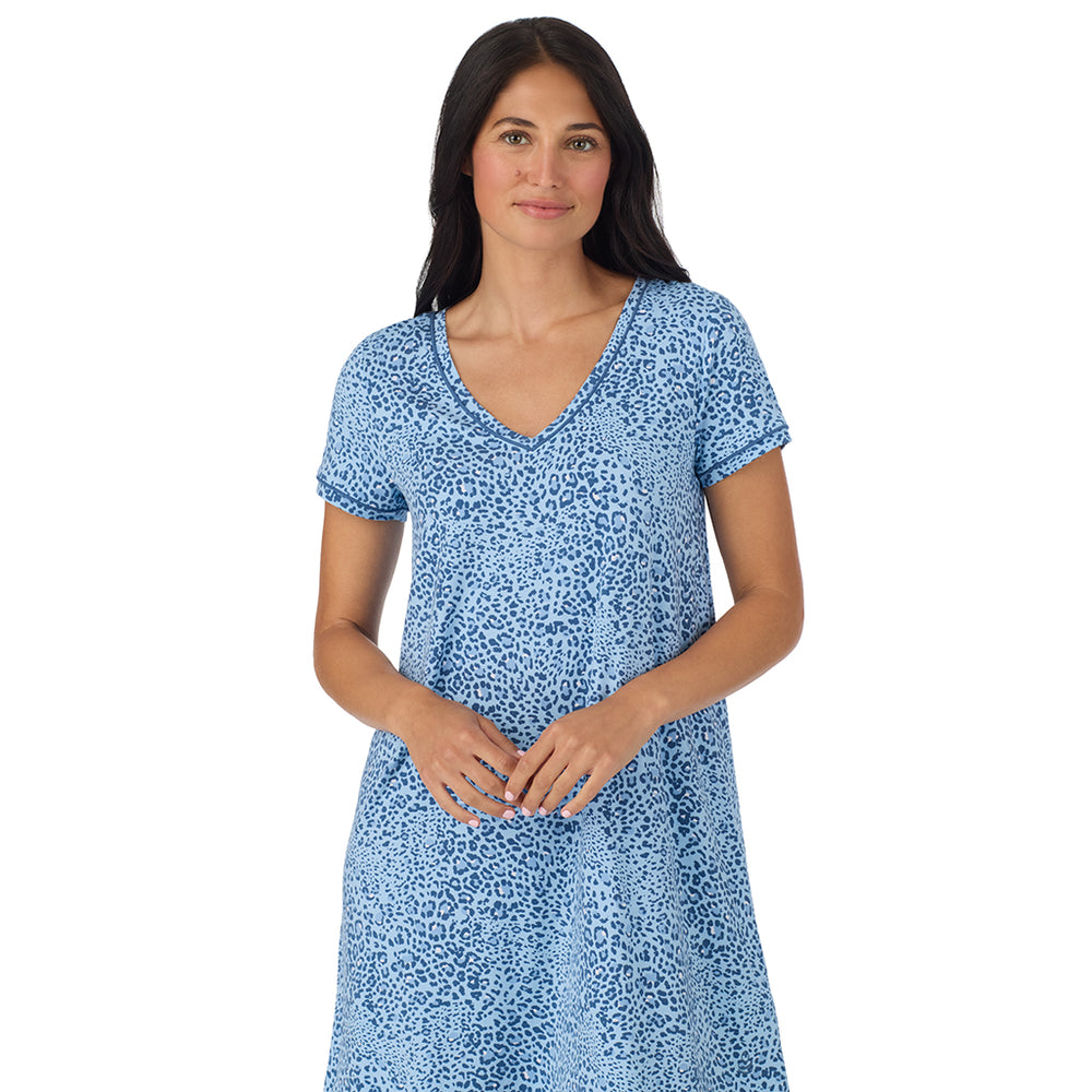 A lady wearing Cotton-Blend Short Sleeve Sleep Shirt in Blue animal closer look