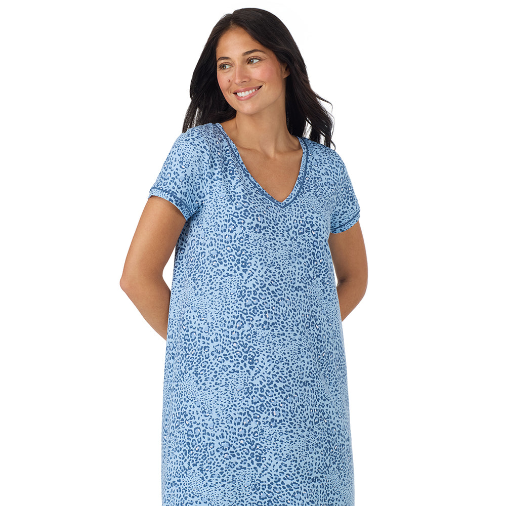A lady wearing Cotton-Blend Short Sleeve Sleep Shirt in Blue animal closer look looking side