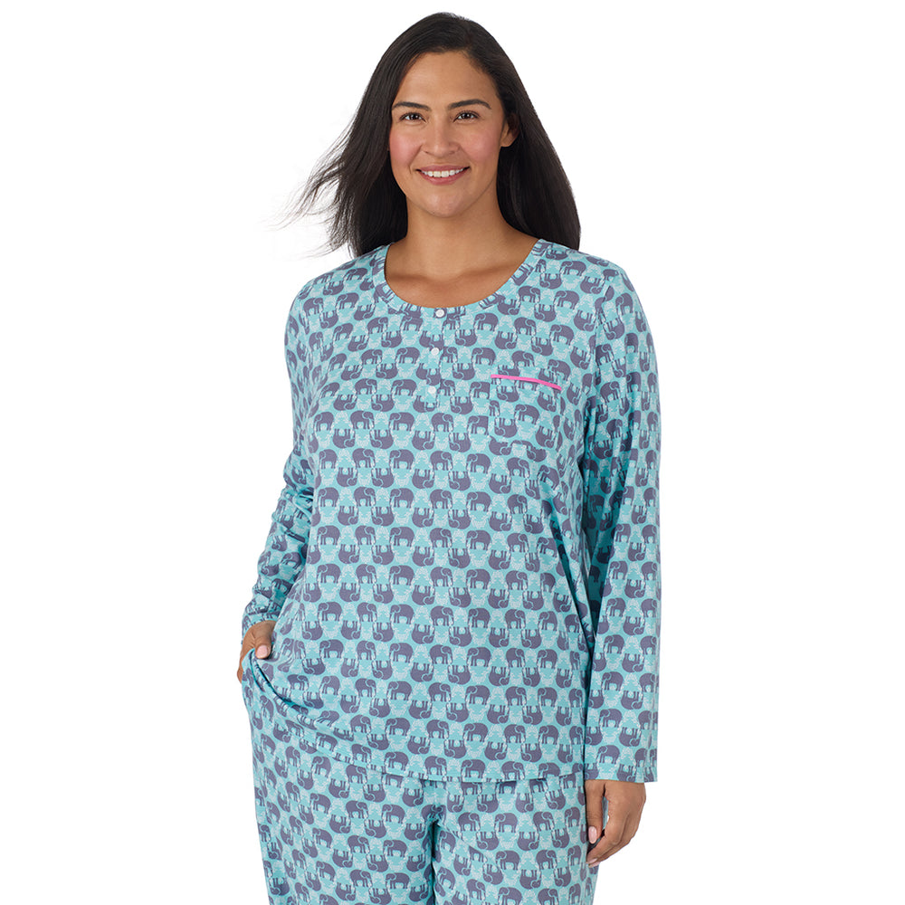 A lady wearing Cotton-Blend Short Sleeve Sleep Shirt PLUS in Elephant closer look smiling