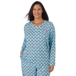 A lady wearing Cotton-Blend Short Sleeve Sleep Shirt PLUS in Elephant closer look smiling