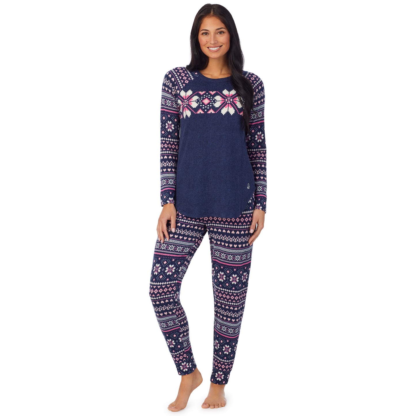 Navy Pink Fairisle;Model is wearing size S. She is 5'8.5", Bust 32", Waist 25", Hips 36". @A lady wearing Brushed Sweater Knit Long Sleeve Pajama Set with navy pink fairisle print