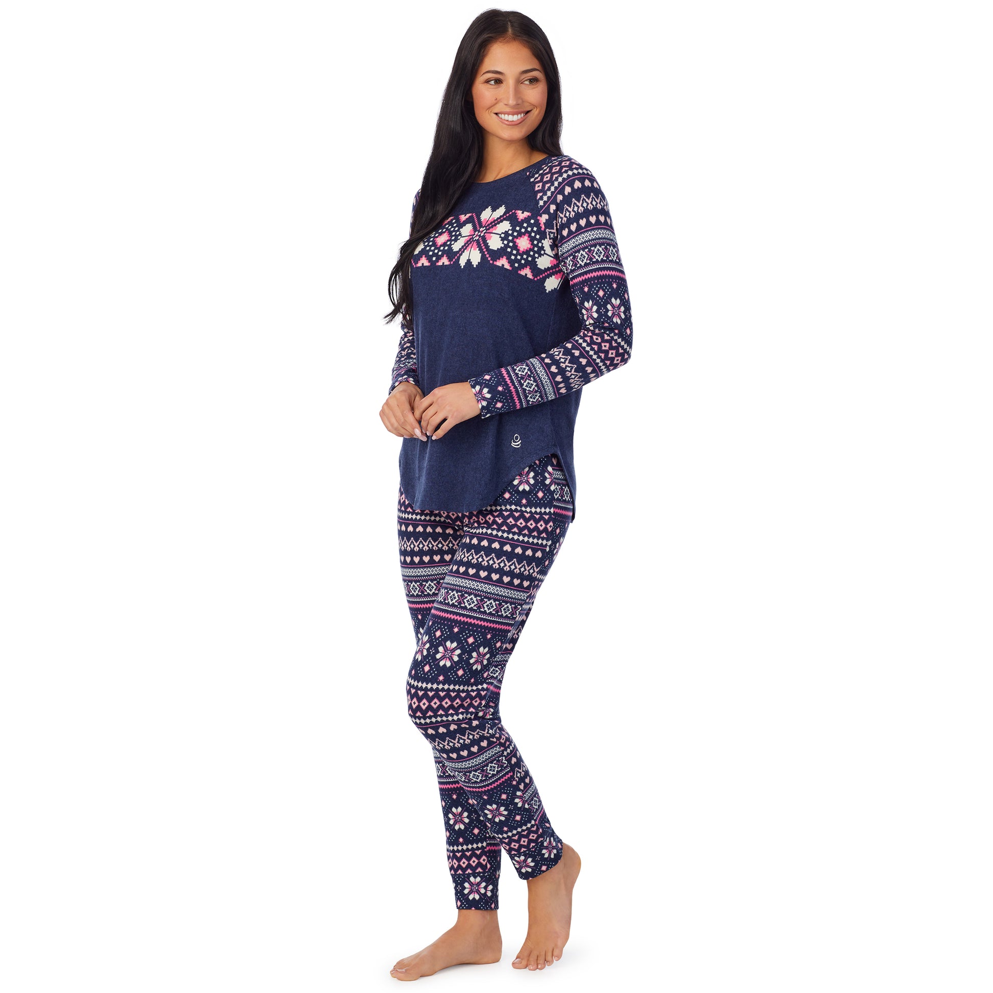 A lady wearing Brushed Sweater Knit Long Sleeve Pajama Set with navy pink fairisle print