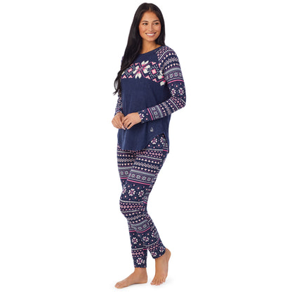 Navy Pink Fairisle;Model is wearing size S. She is 5'8.5", Bust 32", Waist 25", Hips 36". @A lady wearing Brushed Sweater Knit Long Sleeve Pajama Set with navy pink fairisle print