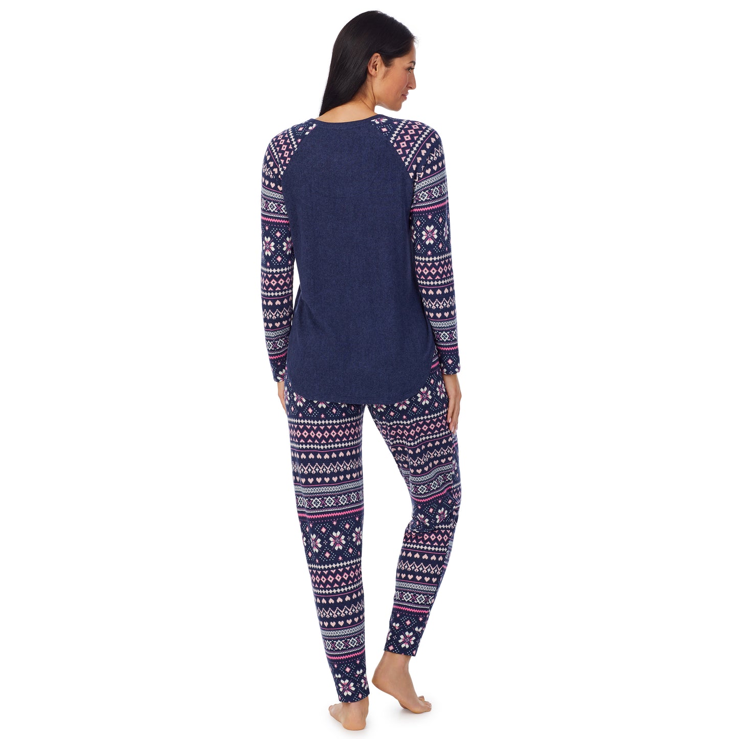 Navy Pink Fairisle;Model is wearing size S. She is 5'8.5", Bust 32", Waist 25", Hips 36". @A lady wearing Brushed Sweater Knit Long Sleeve Pajama Set with navy pink fairisle print