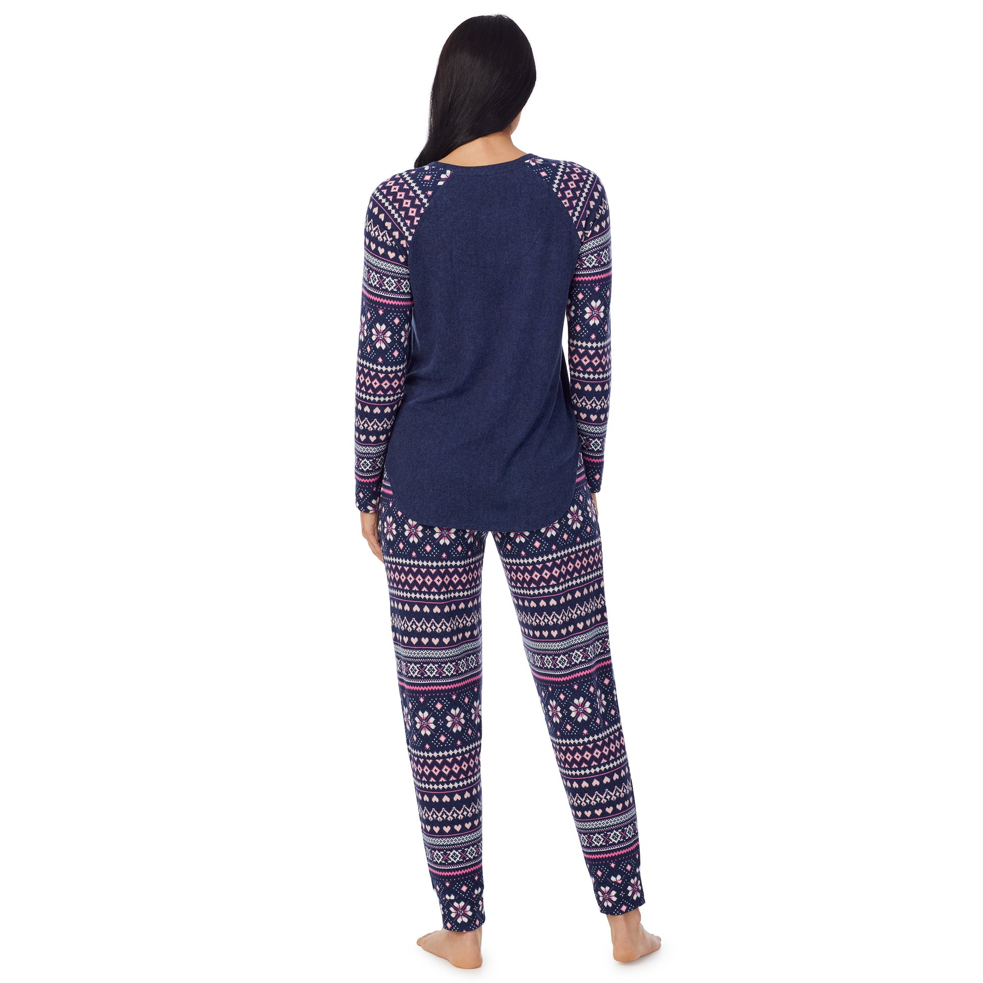 A lady wearing Brushed Sweater Knit Long Sleeve Pajama Set with navy pink fairisle print