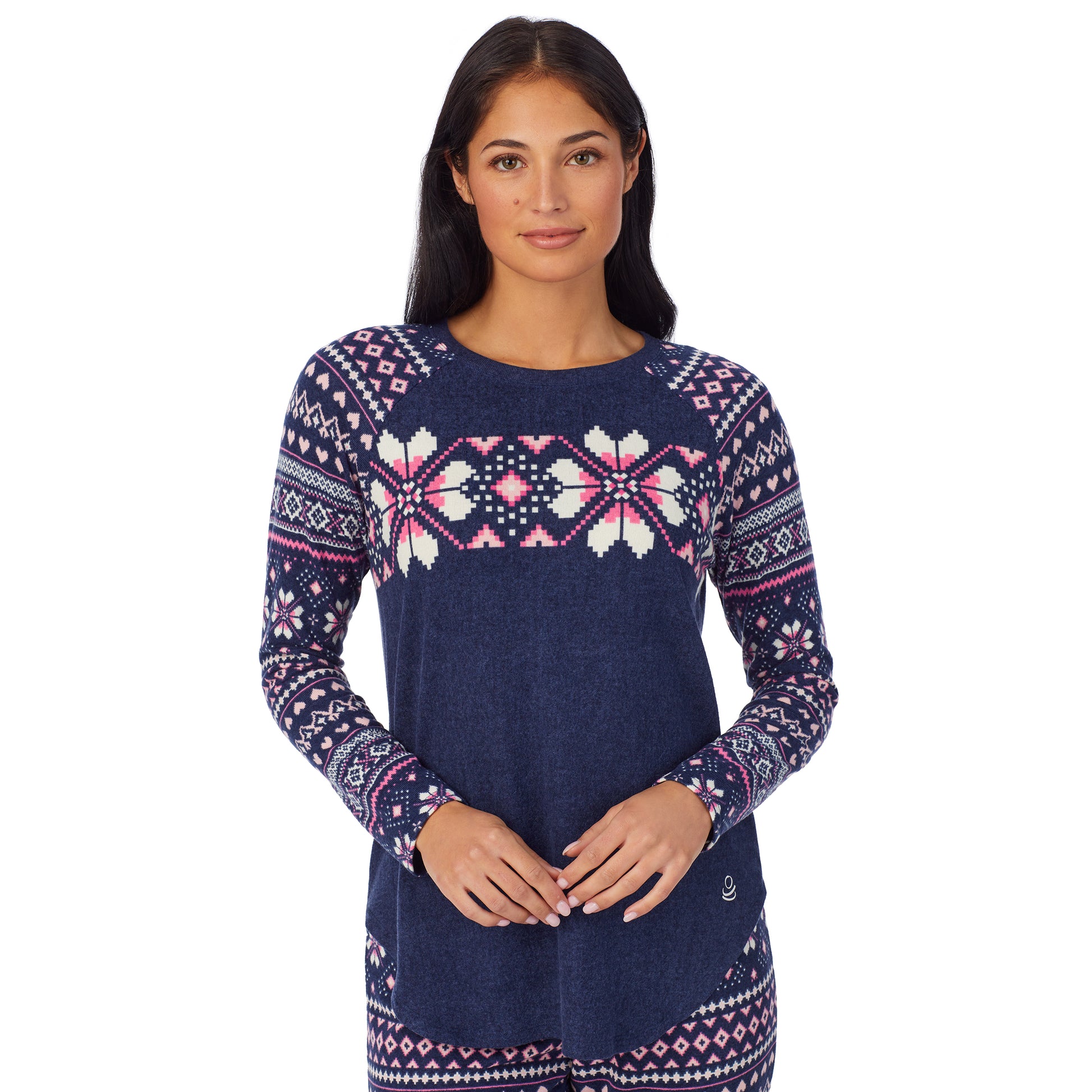 A lady wearing Brushed Sweater Knit Long Sleeve Pajama Set with navy pink fairisle print