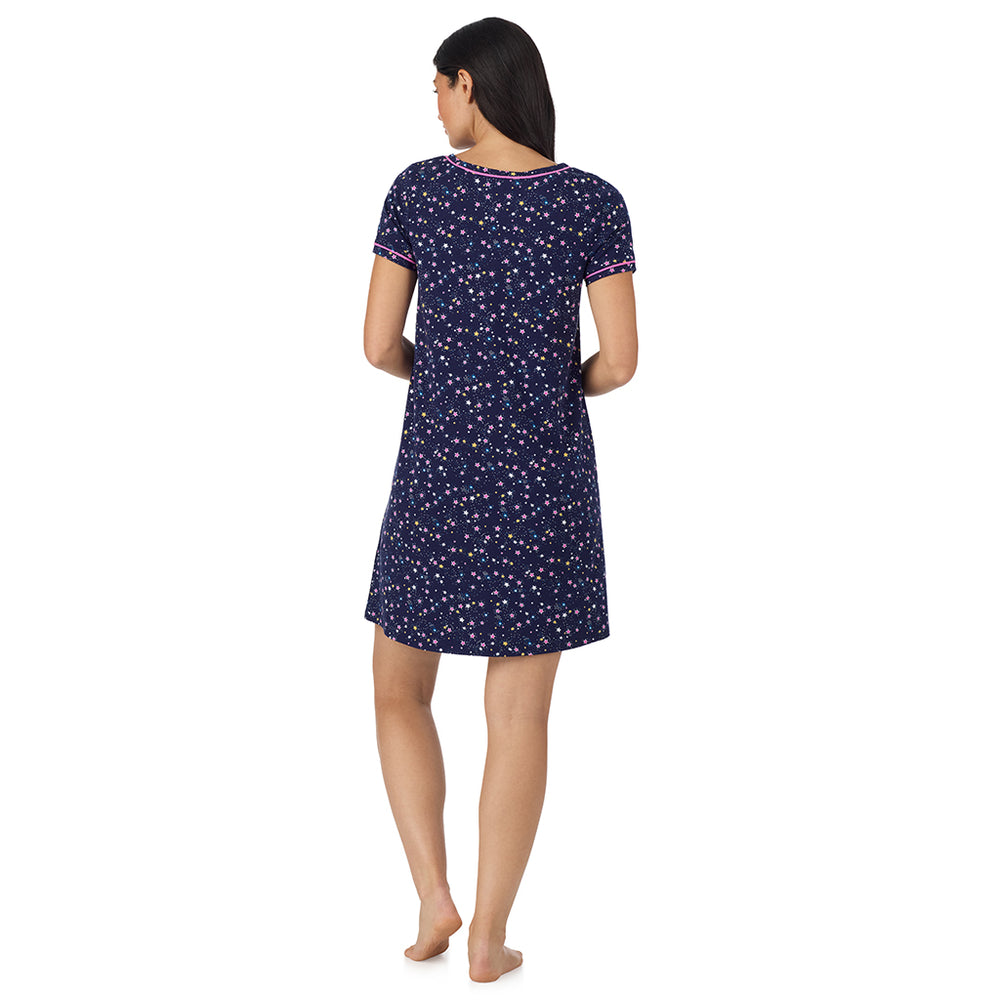 A lady wearing Cotton-Blend Short Sleeve Sleep Shirt in Navy Star Print back view