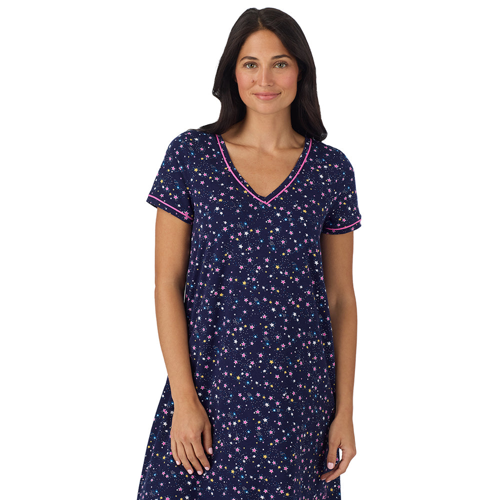 A lady wearing Cotton-Blend Short Sleeve Sleep Shirt in Navy Star Print closer look at print
