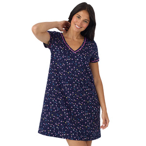 A lady wearing Cotton-Blend Short Sleeve Sleep Shirt in Navy Star Print closer look
