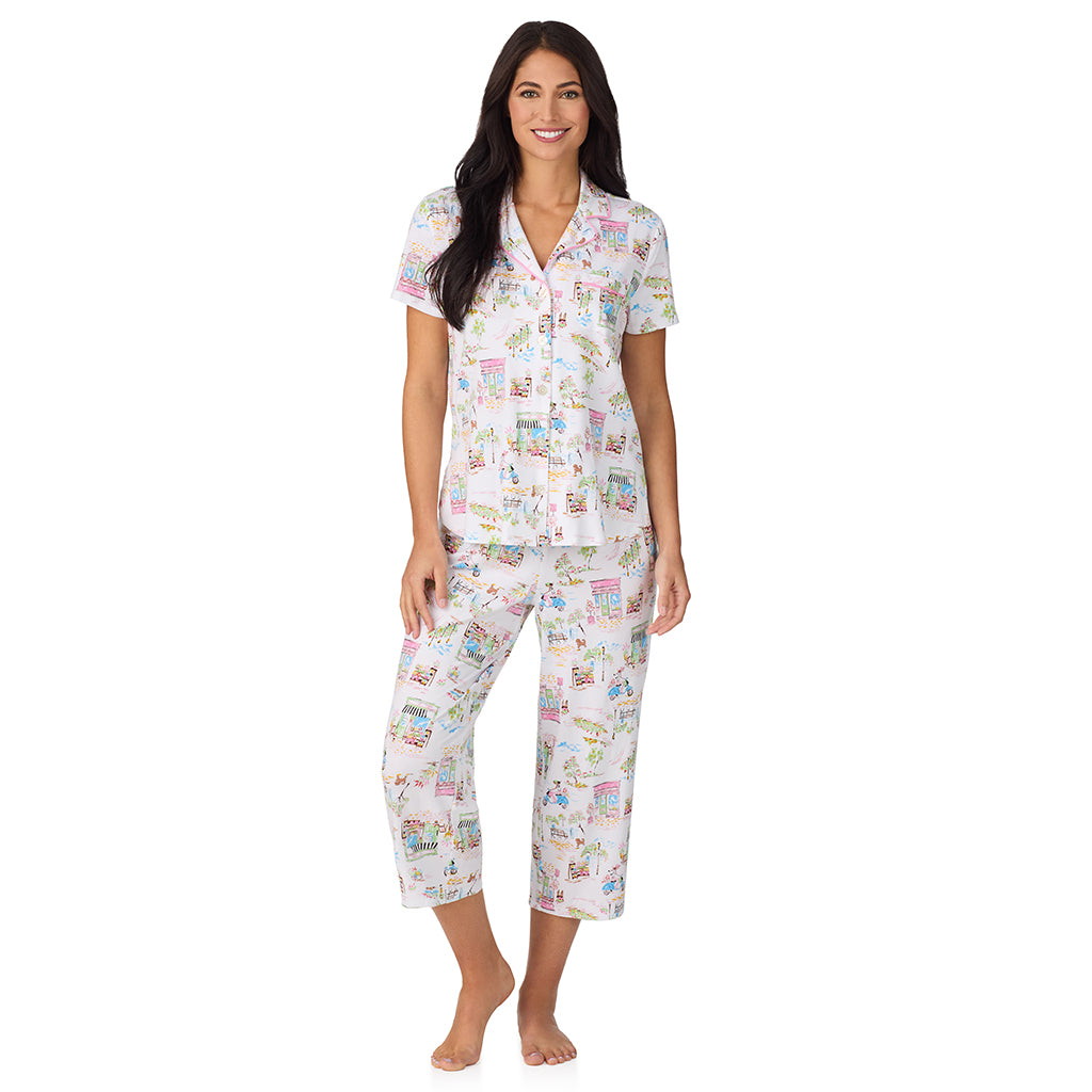 Spring Scene; Model is wearing size S. She is 5'8.5", Bust 32", Waist 25", Hips 36". @A lady wearing Cotton-Blend Short Sleeve Notch Collar with Cropped Pant 2-Pc Pajama Set in Spring Scene