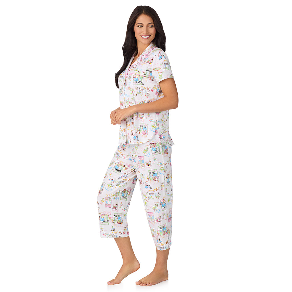 Spring Scene; Model is wearing size S. She is 5'8.5", Bust 32", Waist 25", Hips 36". @A lady wearing Cotton-Blend Short Sleeve Notch Collar with Cropped Pant 2-Pc Pajama Set in Spring Scene