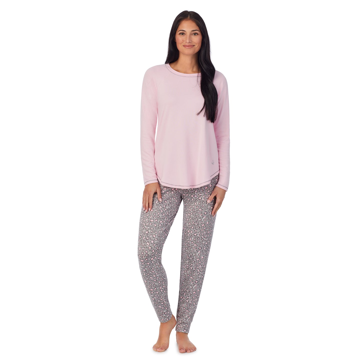 Animal with Pink;Model is wearing size S. She is 5'8.5", Bust 32", Waist 25", Hips 36". @A lady wearing Brushed Sweater Knit Long Sleeve Pajama Set with animal print bottom and pink top