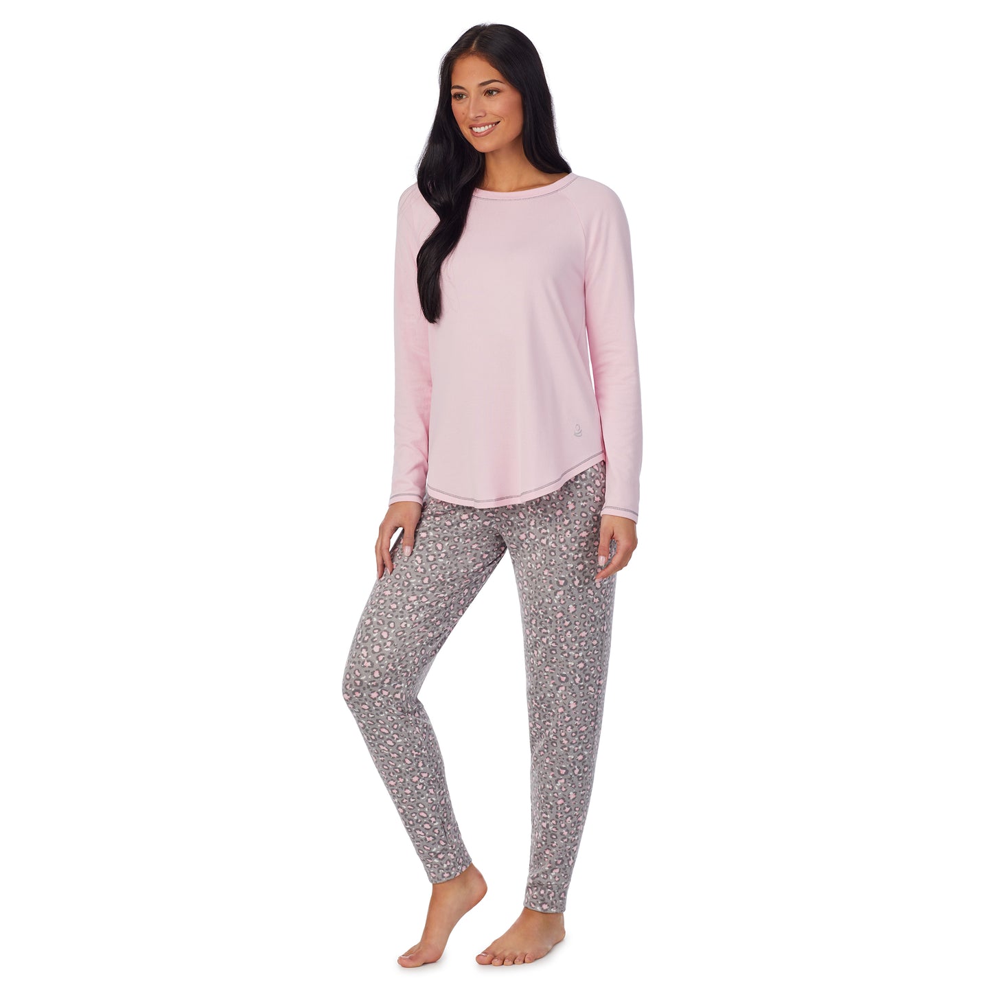 Animal with Pink;Model is wearing size S. She is 5'8.5", Bust 32", Waist 25", Hips 36". @A lady wearing Brushed Sweater Knit Long Sleeve Pajama Set with animal print bottom and pink top