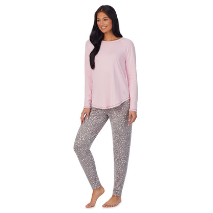 Animal with Pink;Model is wearing size S. She is 5'8.5", Bust 32", Waist 25", Hips 36". @A lady wearing Brushed Sweater Knit Long Sleeve Pajama Set with animal print bottom and pink top