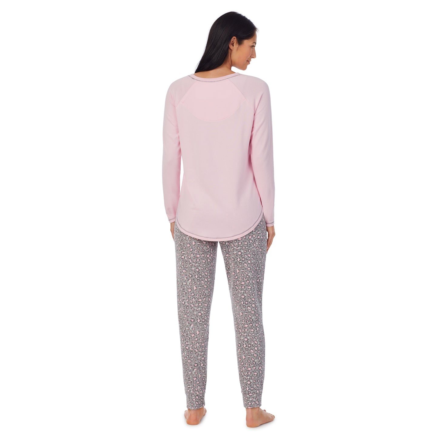 Animal with Pink;Model is wearing size S. She is 5'8.5", Bust 32", Waist 25", Hips 36". @A lady wearing Brushed Sweater Knit Long Sleeve Pajama Set with animal print bottom and pink top