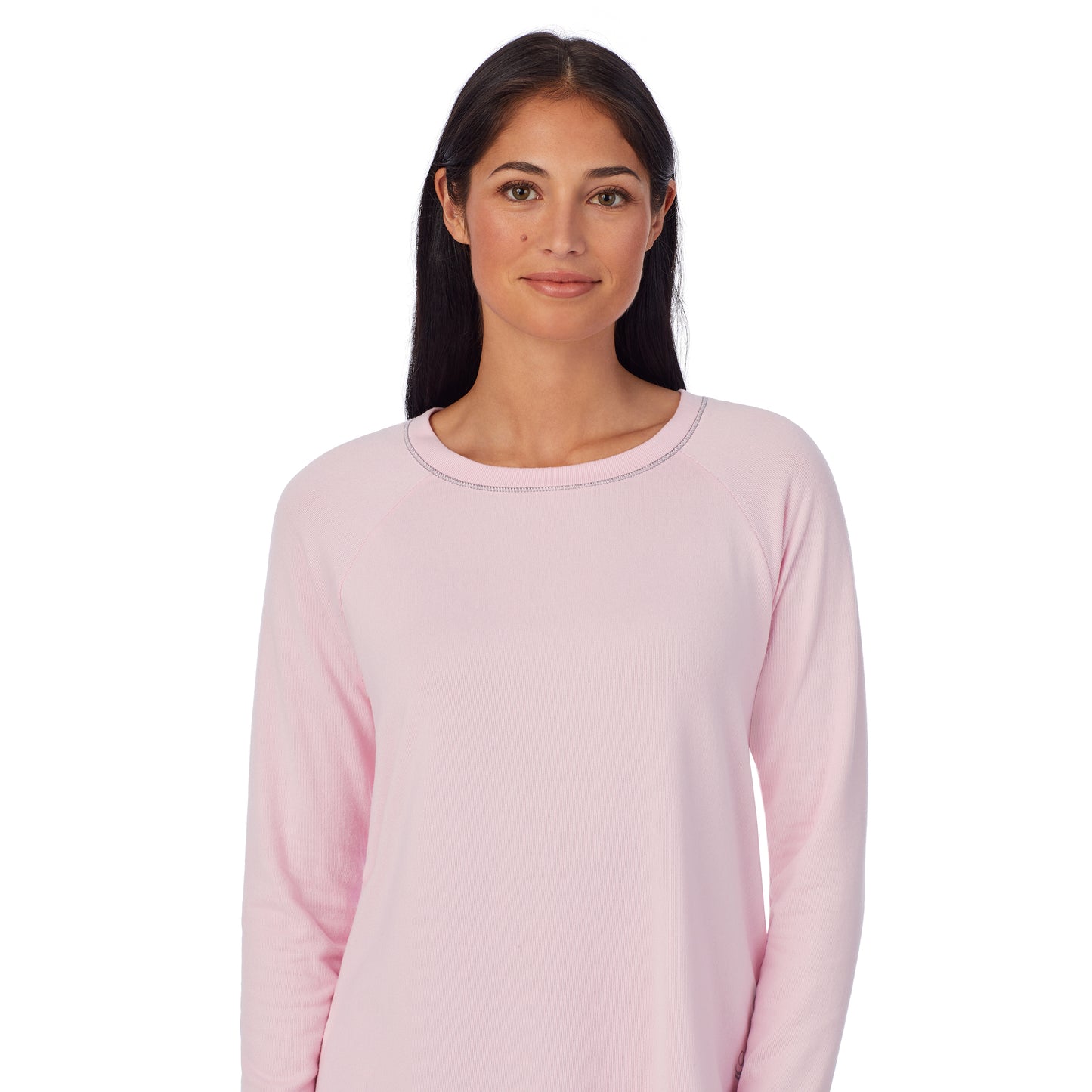 Animal with Pink;Model is wearing size S. She is 5'8.5", Bust 32", Waist 25", Hips 36". @A lady wearing Brushed Sweater Knit Long Sleeve Pajama Set with animal print bottom and pink top