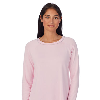 Animal with Pink;Model is wearing size S. She is 5'8.5", Bust 32", Waist 25", Hips 36". @A lady wearing Brushed Sweater Knit Long Sleeve Pajama Set with animal print bottom and pink top