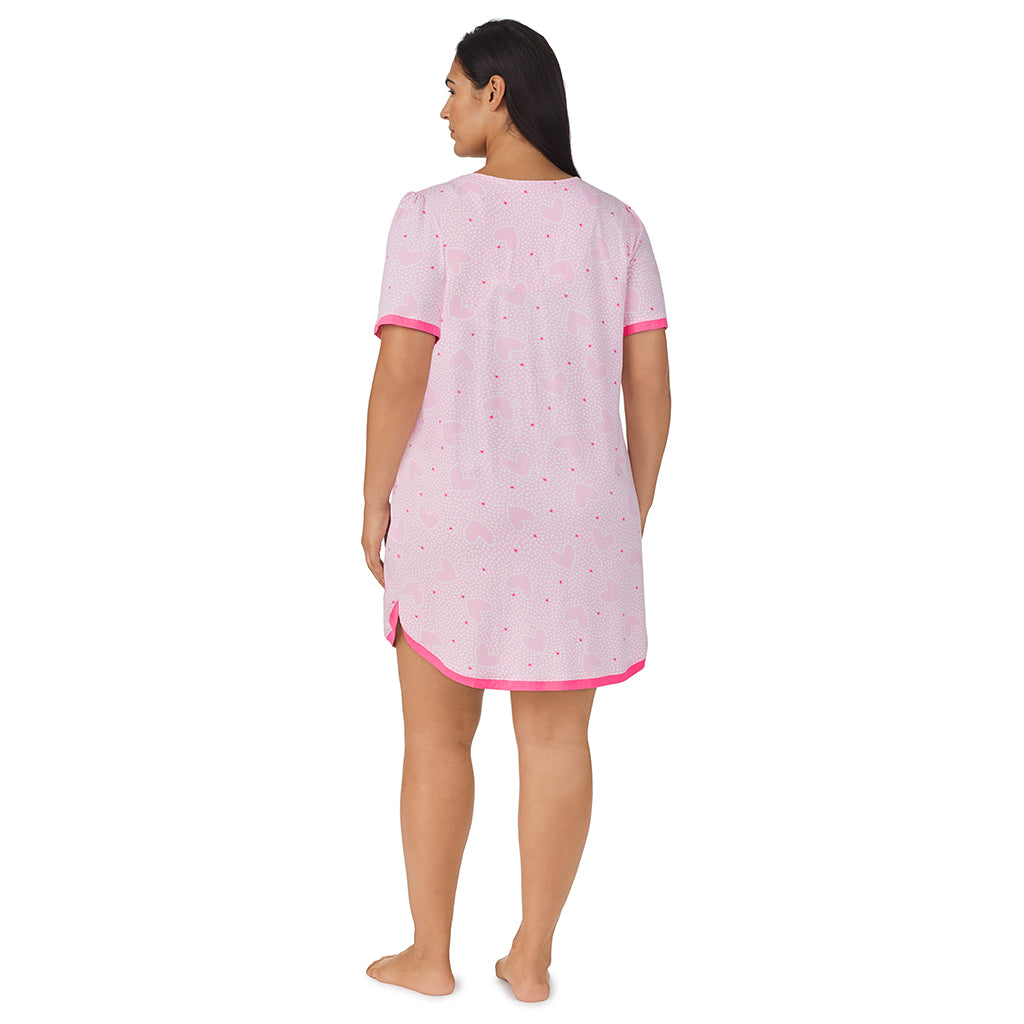Small Pink Hearts;Model is wearing size 1X. She is 5'10", Bust 40", Waist 33", Hips 47"@A lady wearing pink Short Sleeve plus Sleep Shirt