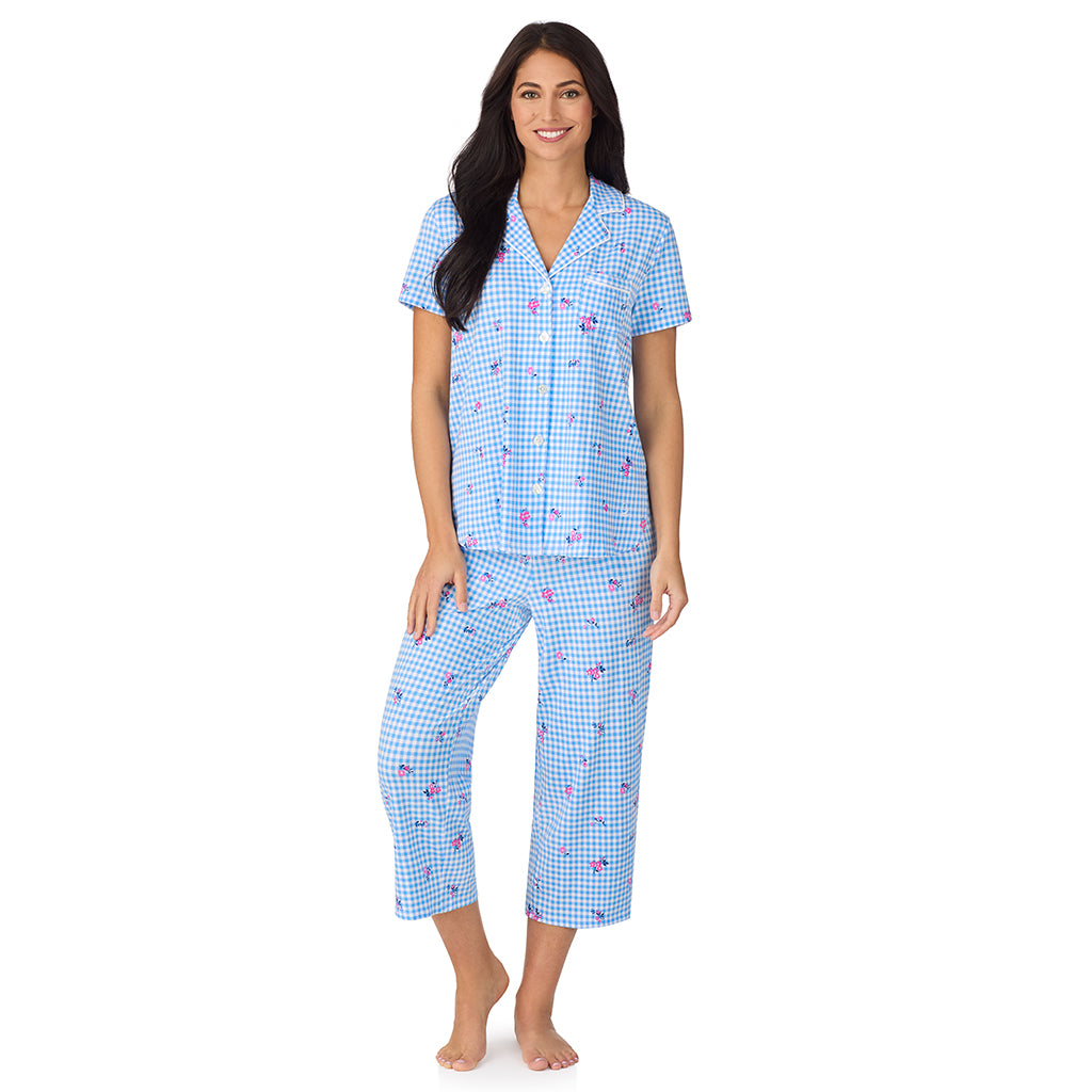Ditsy Gingham; Model is wearing size S. She is 5'8.5", Bust 32", Waist 25", Hips 36". @A lady wearing Cotton-Blend Short Sleeve Notch Collar with Cropped Pant 2-Pc Pajama Set in Ditsy Gingham