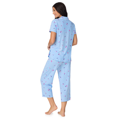 A lady wearing Cotton-Blend Short Sleeve Notch Collar with Cropped Pant 2-Pc Pajama Set in Ditsy Gingham