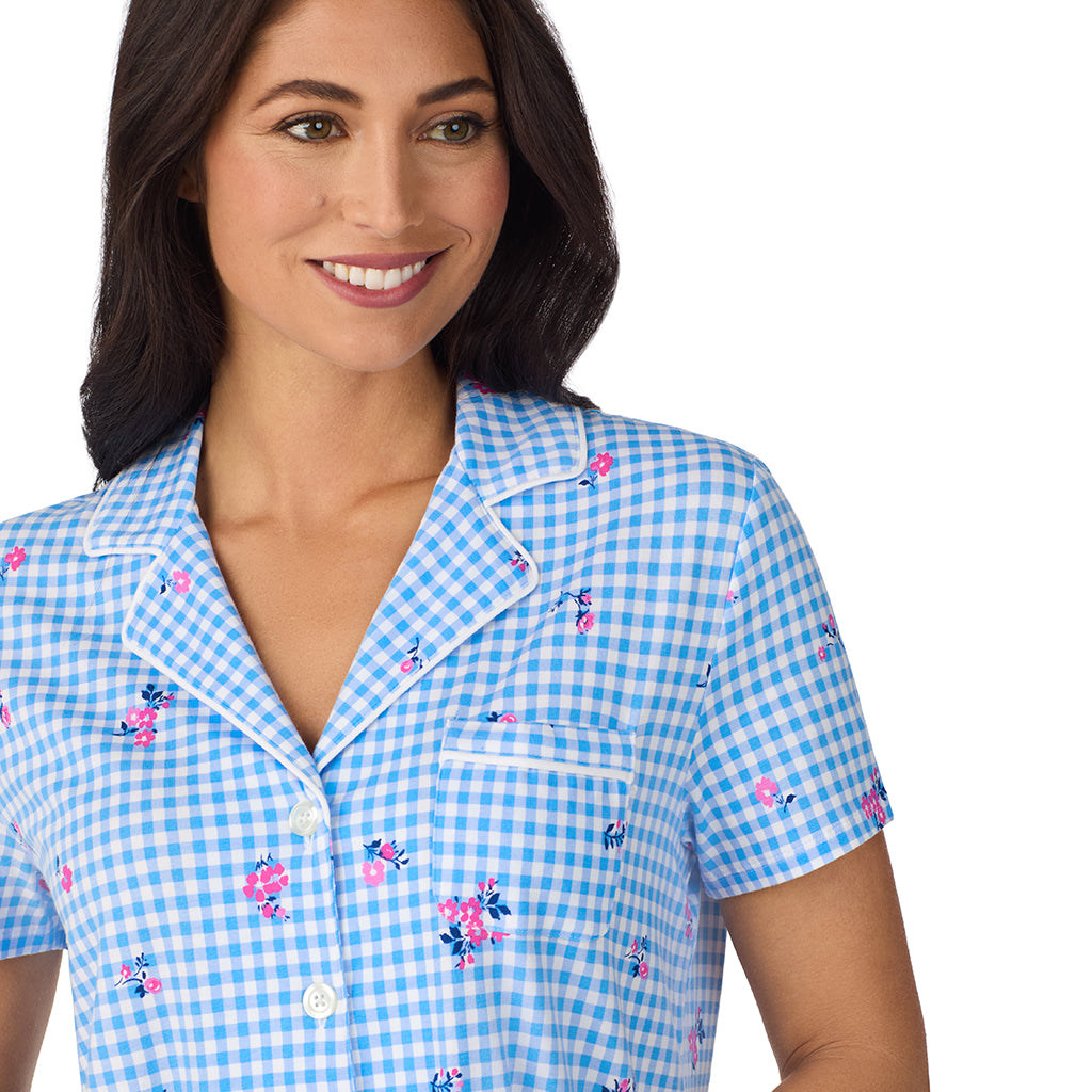 A lady wearing Cotton-Blend Short Sleeve Notch Collar with Cropped Pant 2-Pc Pajama Set in Ditsy Gingham
