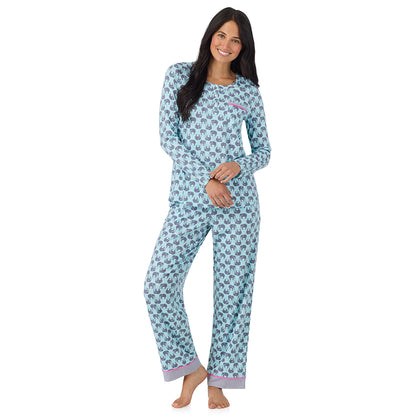 A lady wearing Cotton-Blend Long Sleeve Top and Long Pant Pajama Set elephant 