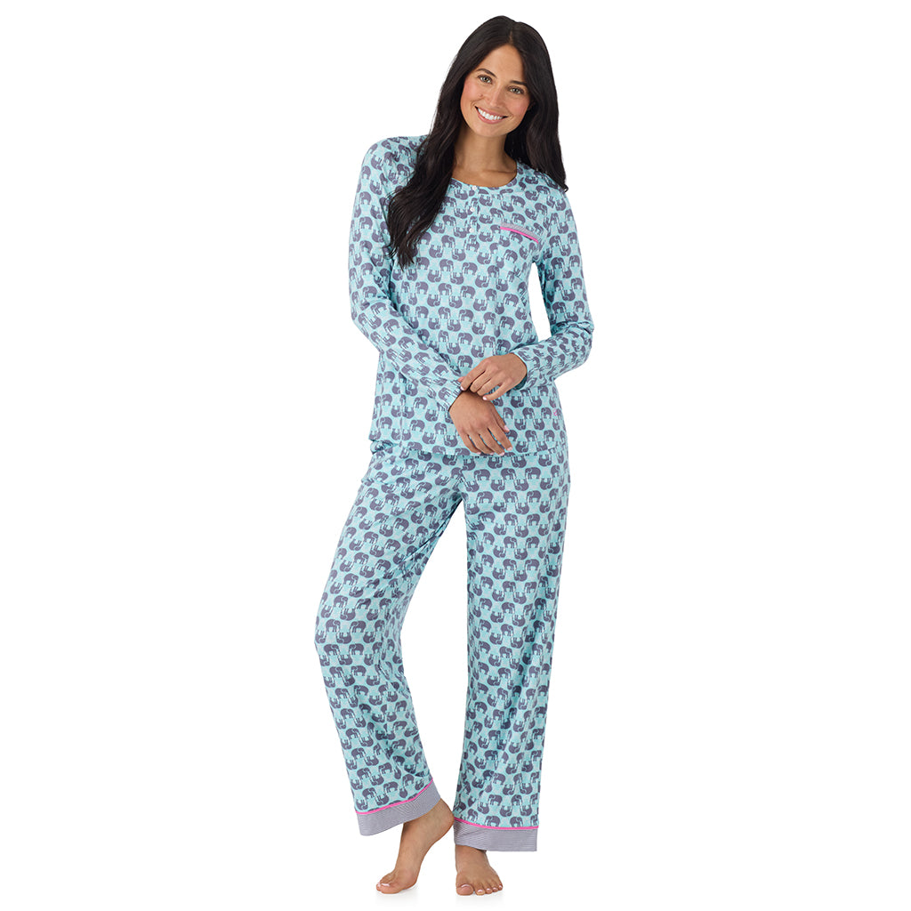 Elephant; Model is wearing size S. She is 5'8.5", Bust 32", Waist 25", Hips 36". @A lady wearing Cotton-Blend Long Sleeve Top and Long Pant Pajama Set in Elephant