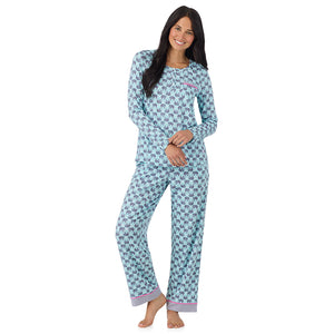 A lady wearing Cotton-Blend Long Sleeve Top and Long Pant Pajama Set in Elephant