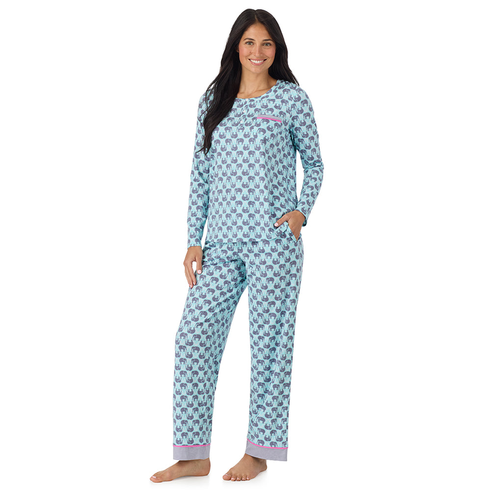 A lady wearing Cotton-Blend Long Sleeve Top and Long Pant Pajama Set in Elephant looking front